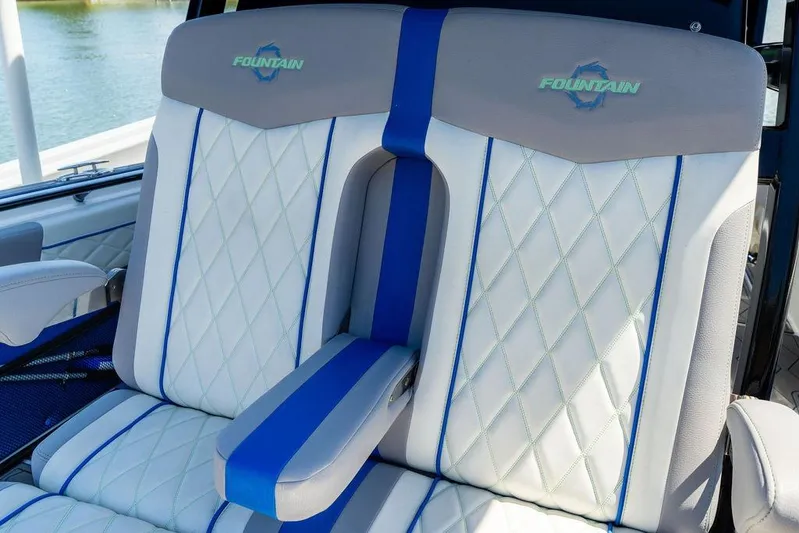  Yacht Photos Pics Luxury seating on 2022 Fountain 34 SC boat with diamond-stitched upholstery.