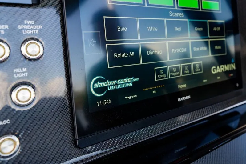  Yacht Photos Pics Garmin display on 2022 Fountain 34 SC boat with LED lighting controls.