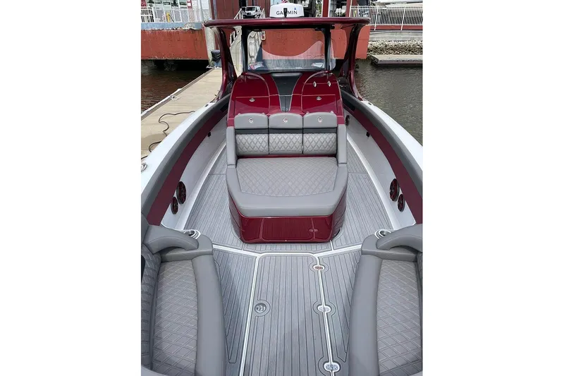  Yacht Photos Pics 2021 Mystic Powerboats M3800 interior with luxurious seating and sleek design.