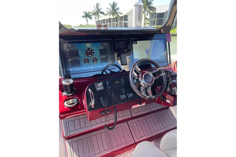  Yacht Photos Pics 2021 Mystic Powerboats M3800 dashboard with advanced navigation screens and controls.
