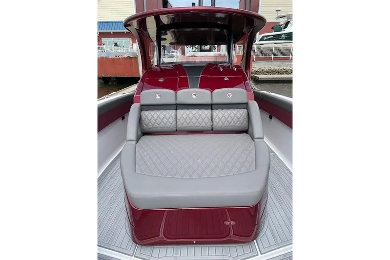  Yacht Photos Pics 2021 Mystic Powerboats M3800 interior with luxurious seating and elegant design.