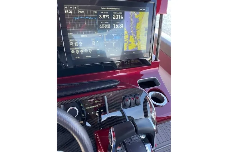  Yacht Photos Pics Dashboard of 2021 Mystic Powerboats M3800 with navigation and control systems.