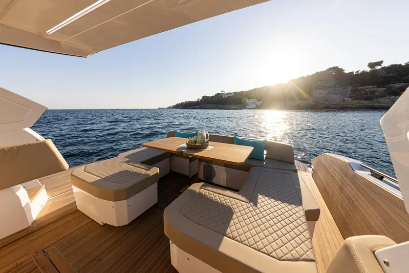  Yacht Photos Pics Luxurious Rio Yachts Le Mans 45 deck with sunset ocean view, 2025 model.