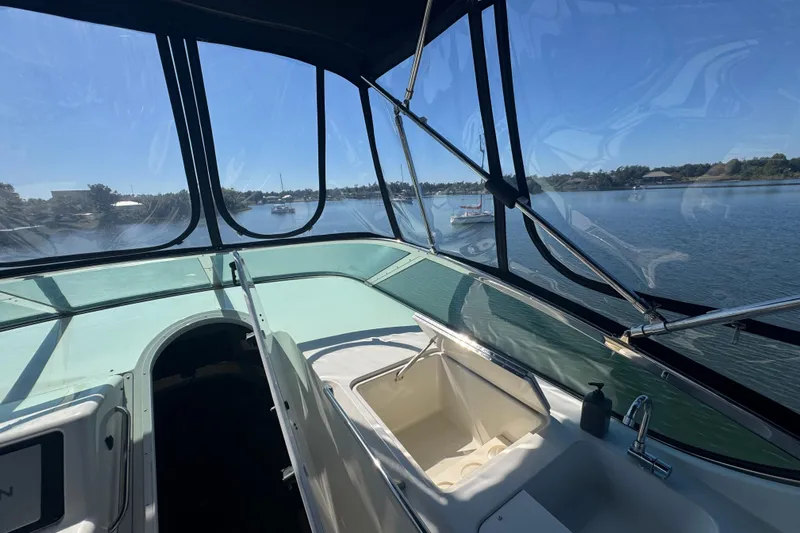 Once Around II Yacht Photos Pics 1998 Carver 530 Voyager Pilothouse interior with scenic water view.