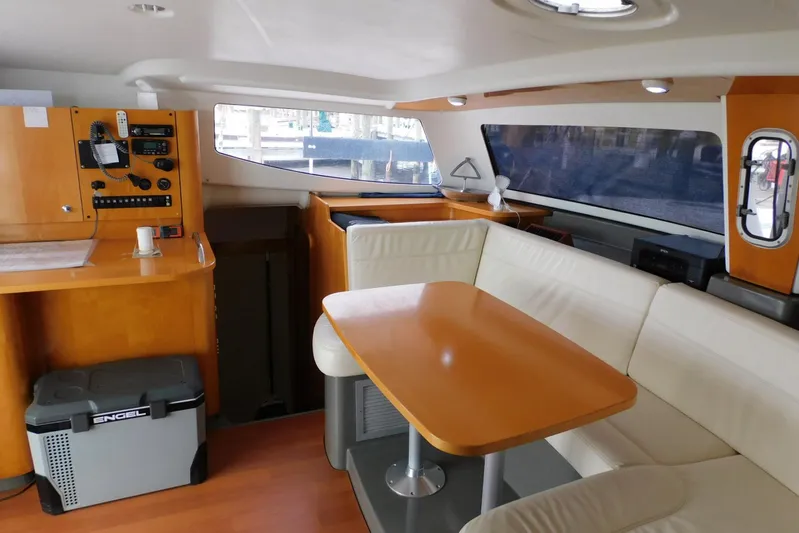 Sail La Vie Yacht Photos Pics Interior of 2007 Fountaine Pajot Mahe 36 Evolution catamaran with seating and navigation area.