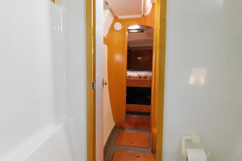 Sail La Vie Yacht Photos Pics Interior view of 2007 Fountaine Pajot Mahe 36 Evolution catamaran cabin.