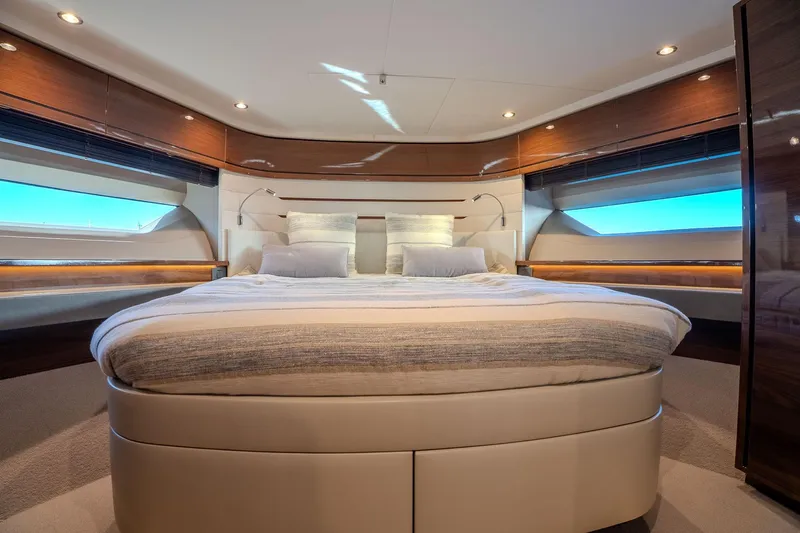 Dani Yacht Photos Pics Luxurious bedroom interior of 2016 Princess 68 yacht with modern design and ambient lighting.