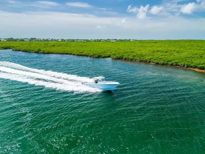 Caymas Yacht Photos Pics 2023 Caymas 401CC cruising on clear blue water near lush green shoreline.
