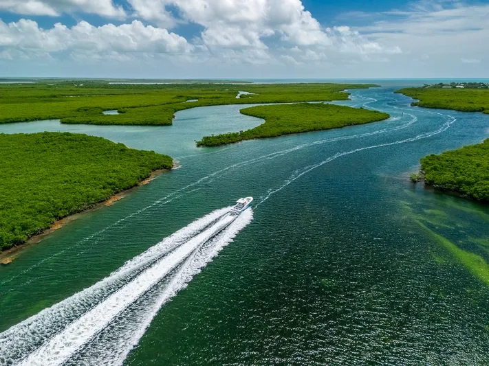 Caymas Yacht Photos Pics Aerial view of 2023 Caymas 401CC boat cruising through lush green waterways.