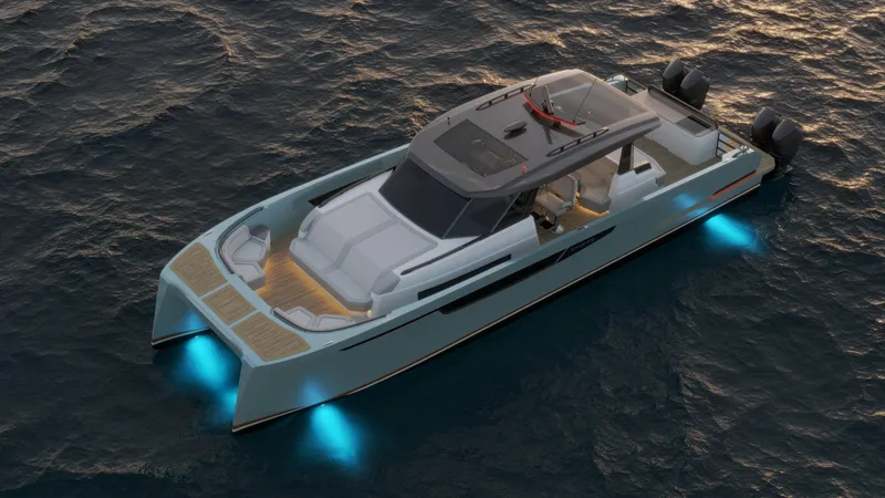 Project "freya" Yacht Photos Pics Modern Dynamic Project Freya 2025 yacht with blue underwater lights on the ocean.