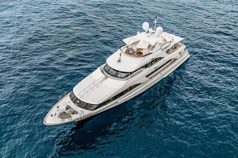 Georgia I Yacht Photos Pics Luxury Benetti Classic 120 yacht from 2009 on open sea, aerial view.