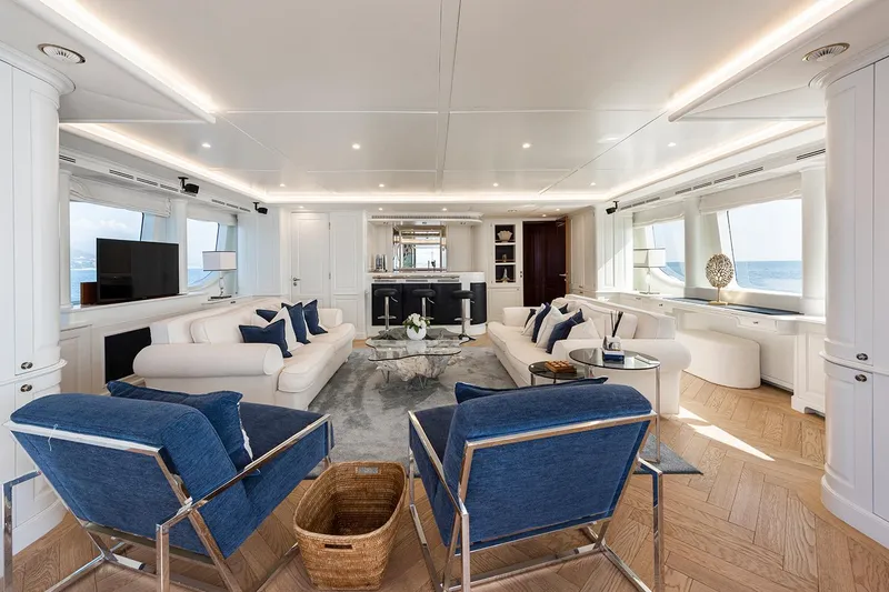 Georgia I Yacht Photos Pics Luxurious interior of 2009 Benetti Classic 120 yacht with elegant seating and ocean views.