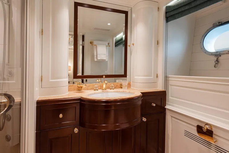 Georgia I Yacht Photos Pics Luxurious bathroom on 2009 Benetti Classic 120 yacht with elegant wood and marble finishes.