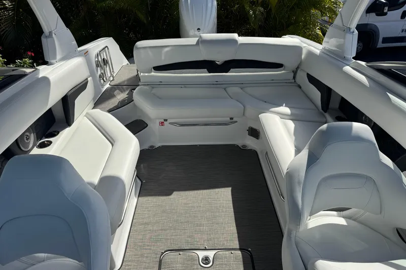  Yacht Photos Pics Interior of 2026 Four Winns HD8 OB boat with white seating and modern design.