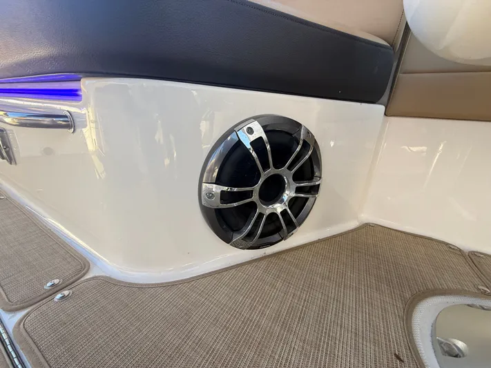  Yacht Photos Pics Speaker and seating area on 2023 Sea Ray 280 SLX boat, featuring modern design elements.