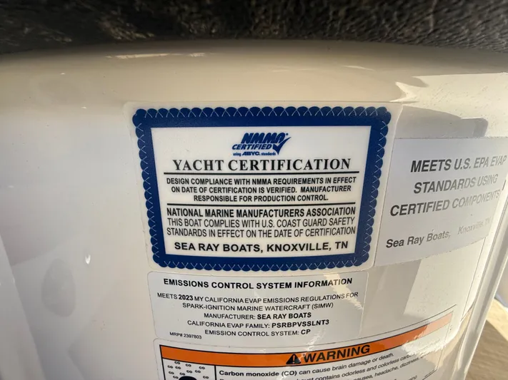  Yacht Photos Pics 2023 Sea Ray 280 SLX yacht certification label with safety and emissions compliance details.