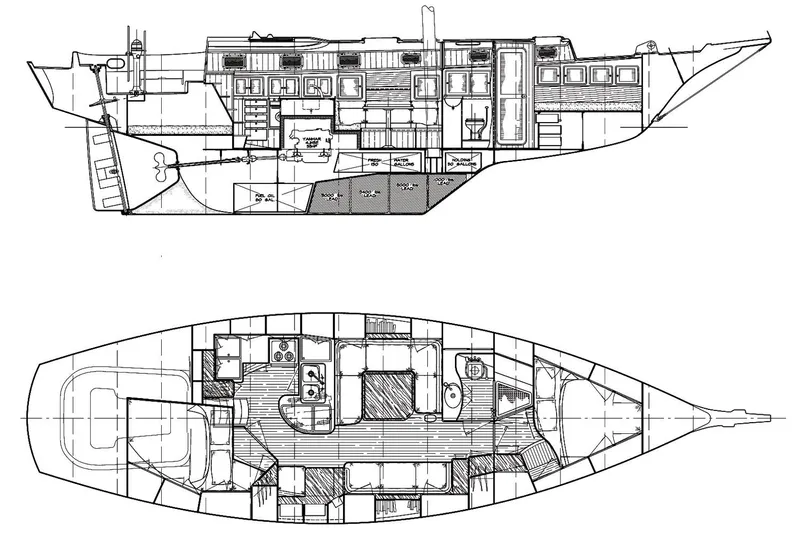 Elation Yacht Photos Pics Blueprint of 2005 Cabo Rico 42 Cutter sailboat, showcasing interior layout and design.
