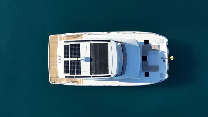 Barcajack Yacht Photos Pics Top view of 2022 Fountaine Pajot MY6 yacht with solar panels.