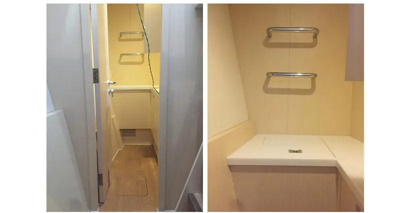  Yacht Photos Pics Interior of 2025 Mazarin Catamaran HSF-58, featuring modern bathroom with sleek fixtures.