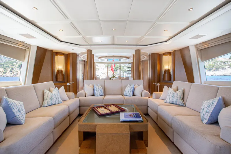 Benita Blue Yacht Photos Pics Luxurious 2005 Evolution Yachts Custom interior with elegant seating and scenic views.
