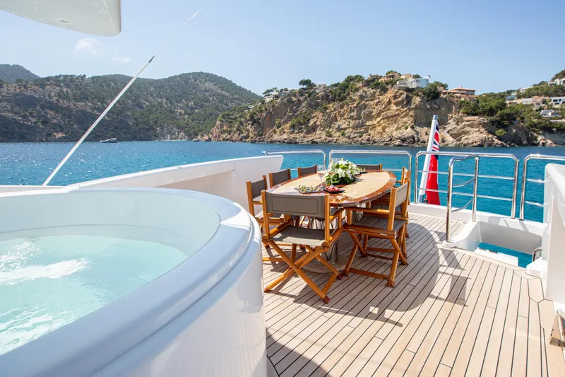 Benita Blue Yacht Photos Pics Luxurious 2005 Evolution Yachts Custom with deck jacuzzi and dining area, scenic coastal view.