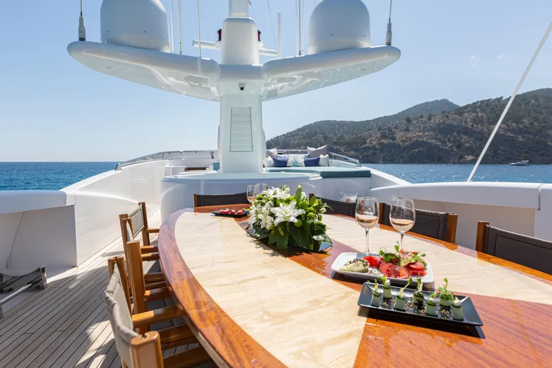 Benita Blue Yacht Photos Pics Luxurious 2005 Evolution Yachts Custom with elegant dining setup on deck, scenic ocean view.