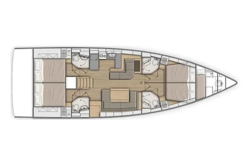 Miss Alice Yacht Photos Pics Floor plan of a 2018 Beneteau 51.1 yacht, featuring spacious cabins and living areas.