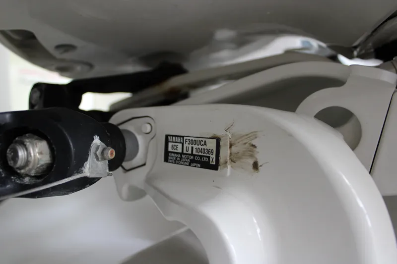  Yacht Photos Pics Close-up of a Yamaha F300UCA engine part on a 2018 Jupiter 30 HFS boat.