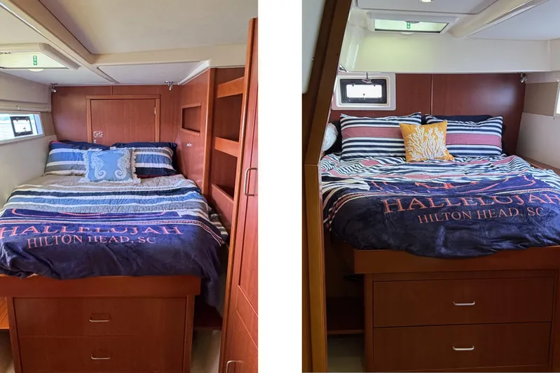  Yacht Photos Pics Luxurious cabin interior of 2014 Leopard 48 yacht with cozy bedding and wooden furnishings.