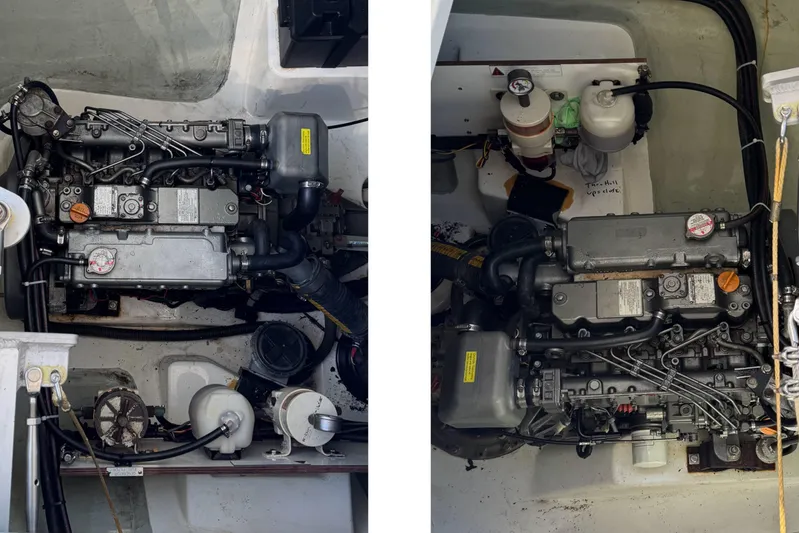  Yacht Photos Pics Engine compartment of a 2014 Leopard 48 yacht, showcasing dual engines and mechanical components.