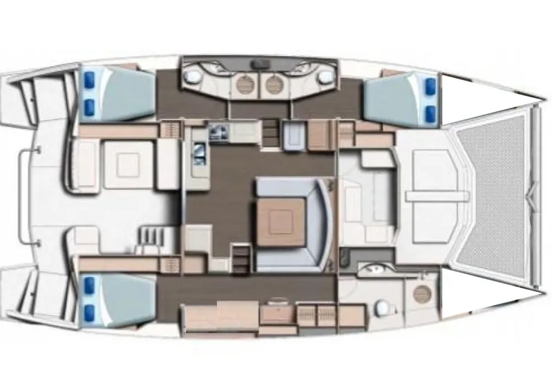  Yacht Photos Pics Floor plan of a 2014 Leopard 48 catamaran, featuring spacious cabins and living areas.