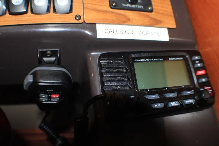 Knot Working Yacht Photos Pics Control panel of a 2020 Ranger Tugs R-27 with radio and call sign display.