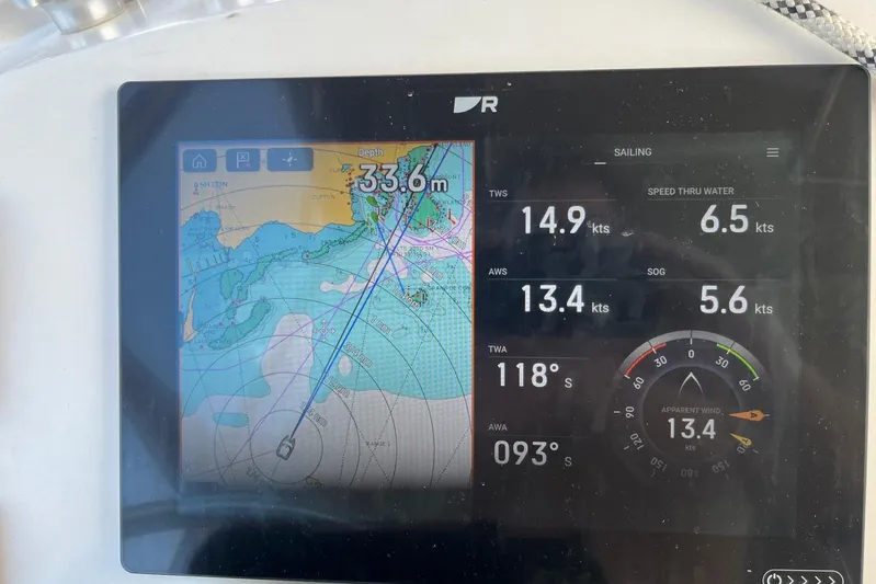  Yacht Photos Pics Sailing navigation display on Lagoon 400, 2012 model, showing speed and wind data.