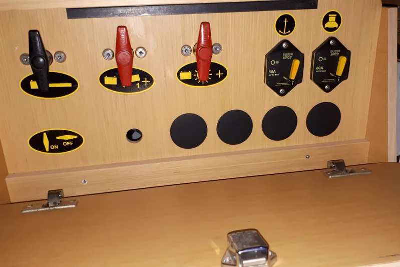  Yacht Photos Pics Control panel of a 2012 Lagoon 400 catamaran with switches and circuit breakers.