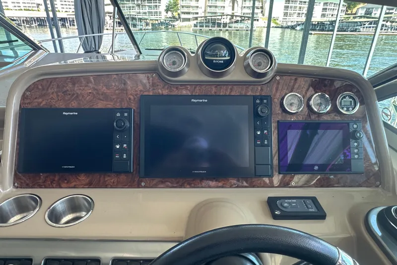  Yacht Photos Pics Dashboard of 2018 Formula 370 Super Sport boat with navigation screens and gauges.