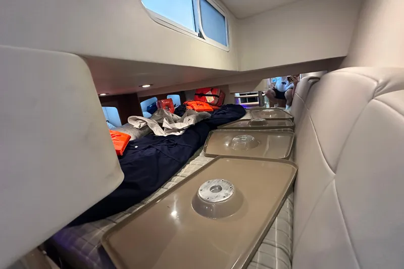  Yacht Photos Pics Interior cabin of 2018 Formula 370 Super Sport with seating and life jackets.