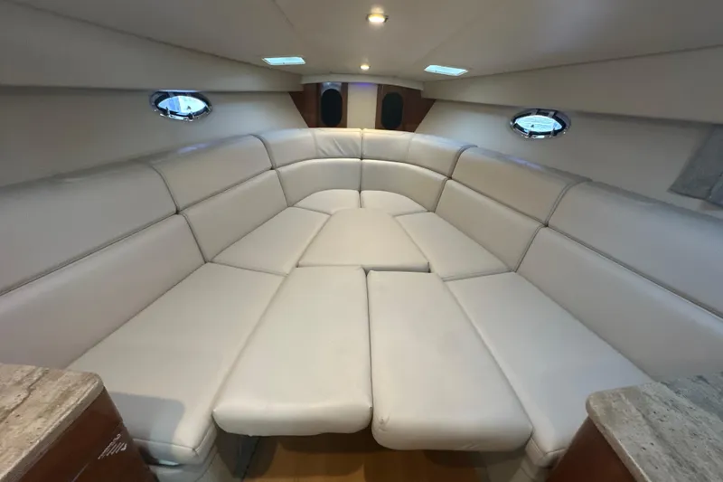  Yacht Photos Pics 2018 Formula 370 Super Sport cabin with luxurious white leather seating.