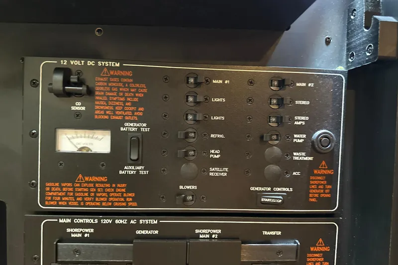  Yacht Photos Pics Control panel of a 2018 Formula 370 Super Sport boat, featuring various system switches and warnings.