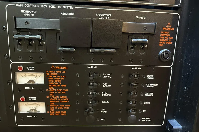  Yacht Photos Pics Control panel of a 2018 Formula 370 Super Sport boat, showing electrical system switches.