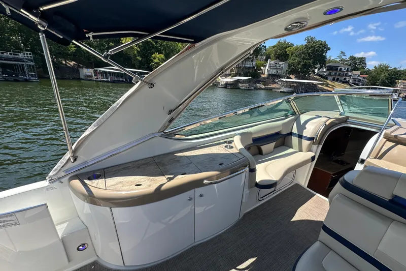  Yacht Photos Pics 2018 Formula 370 Super Sport boat interior with seating and water view.
