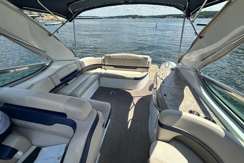  Yacht Photos Pics 2018 Formula 370 Super Sport boat interior with luxurious seating and scenic water view.