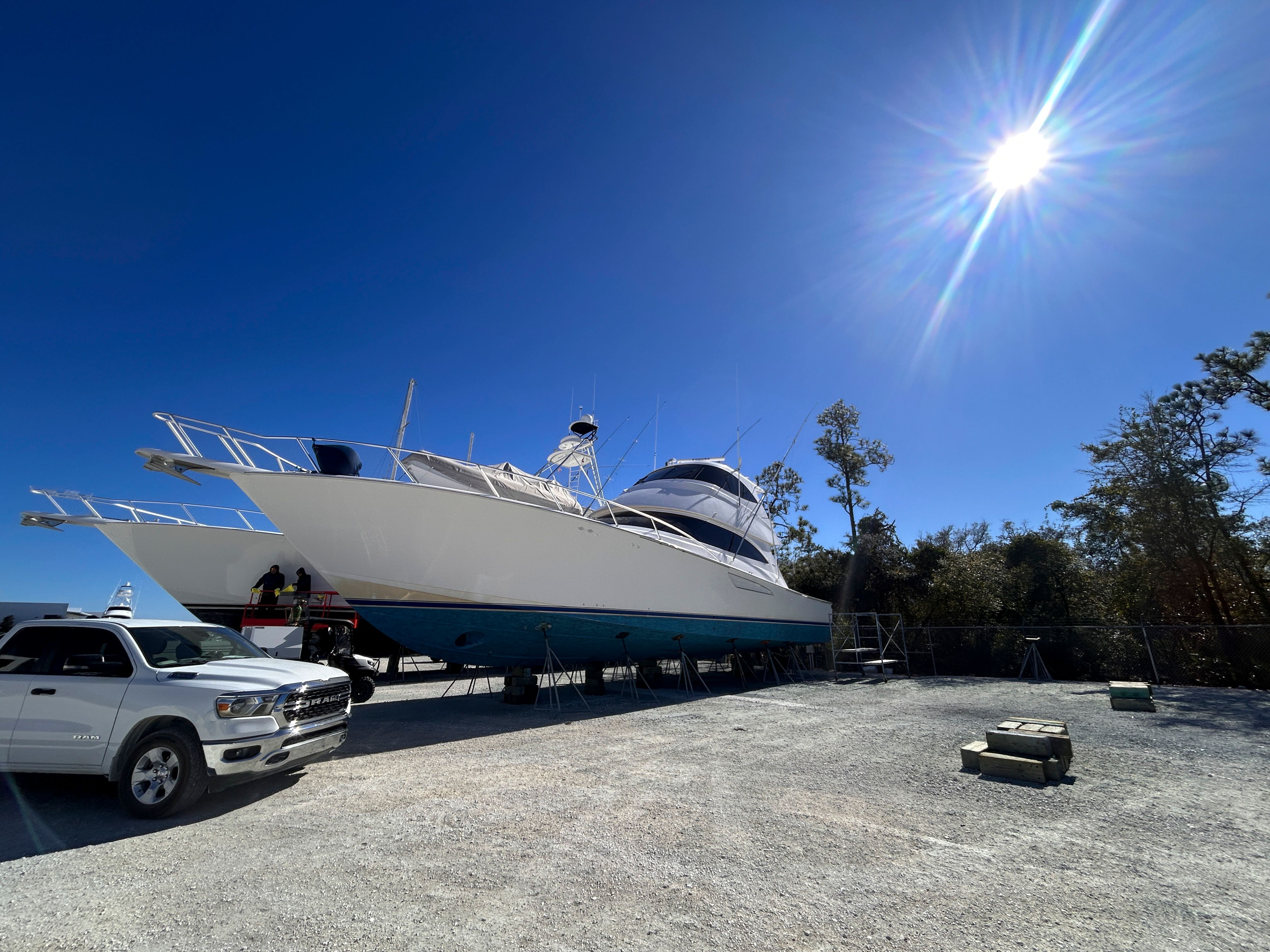 Viking ENC FB 2014 yacht in dry dock under bright blue sky.