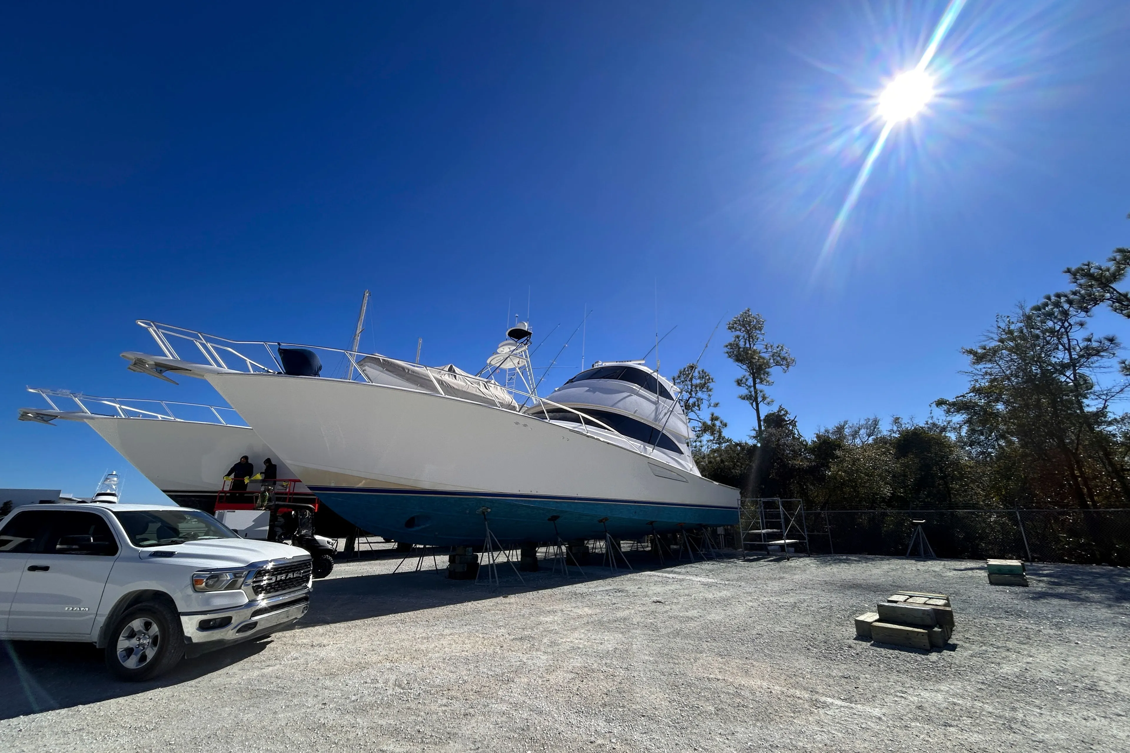 Viking ENC FB 2014 yacht in dry dock under bright blue sky.