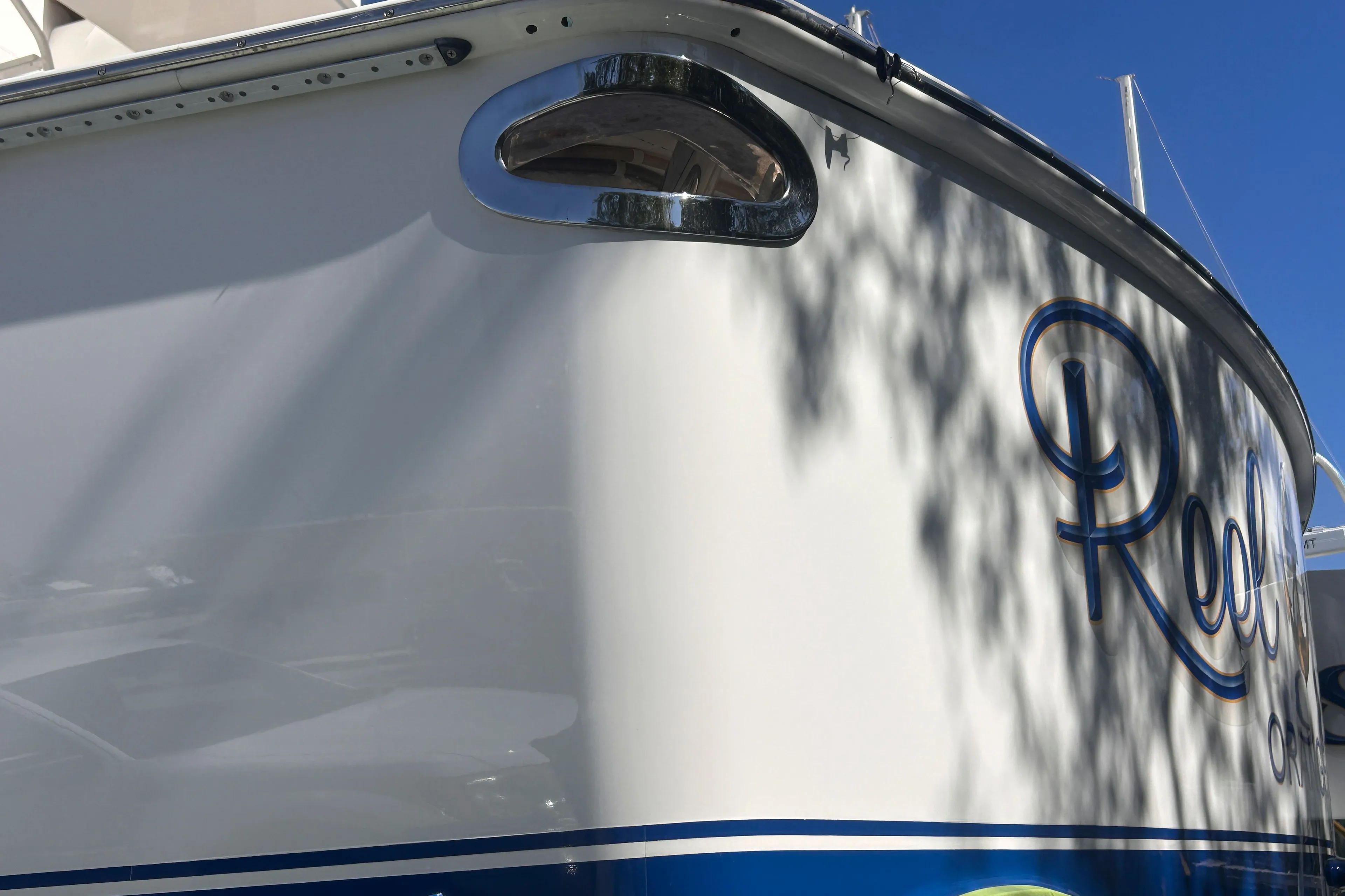 Viking ENC FB 2014 boat hull with blue lettering.