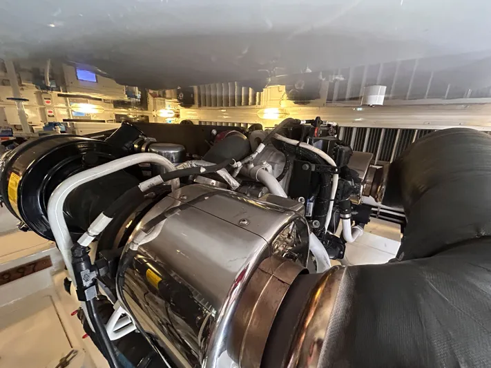 Reel Blessed Yacht Photos Pics Viking ENC FB 2014 engine room with complex piping.