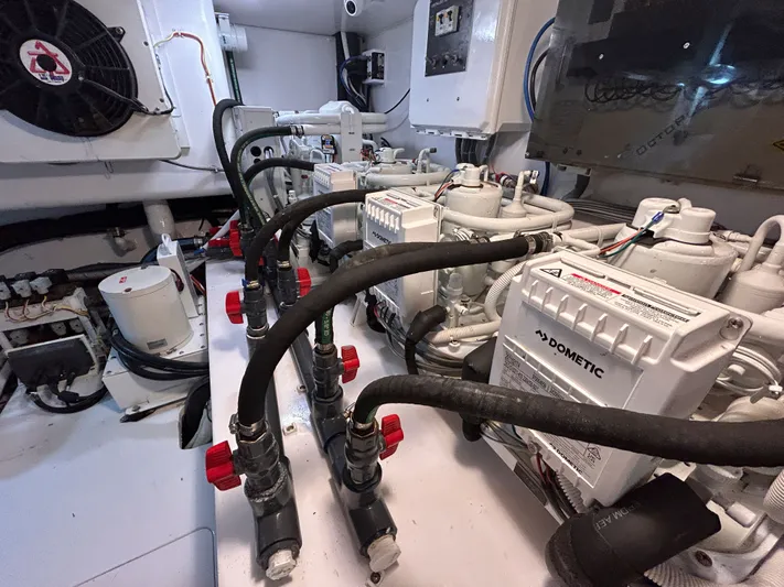 Reel Blessed Yacht Photos Pics Viking ENC FB 2014 engine room with Dometic systems.