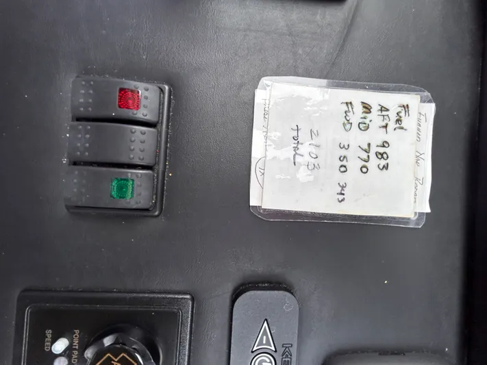 Reel Blessed Yacht Photos Pics Viking ENC FB 2014 control panel with notes and switches.