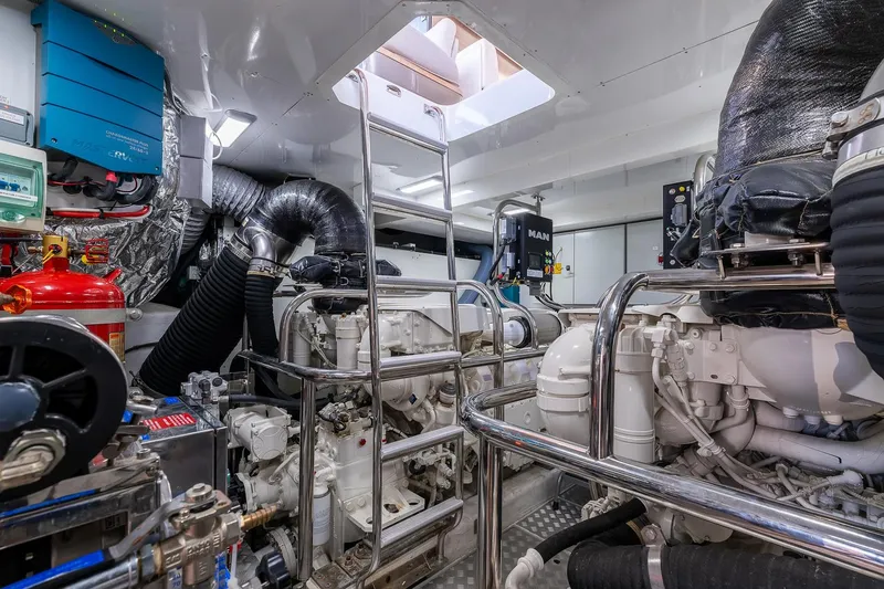  Yacht Photos Pics Engine room of 2019 Princess S78 yacht, featuring advanced machinery and equipment.