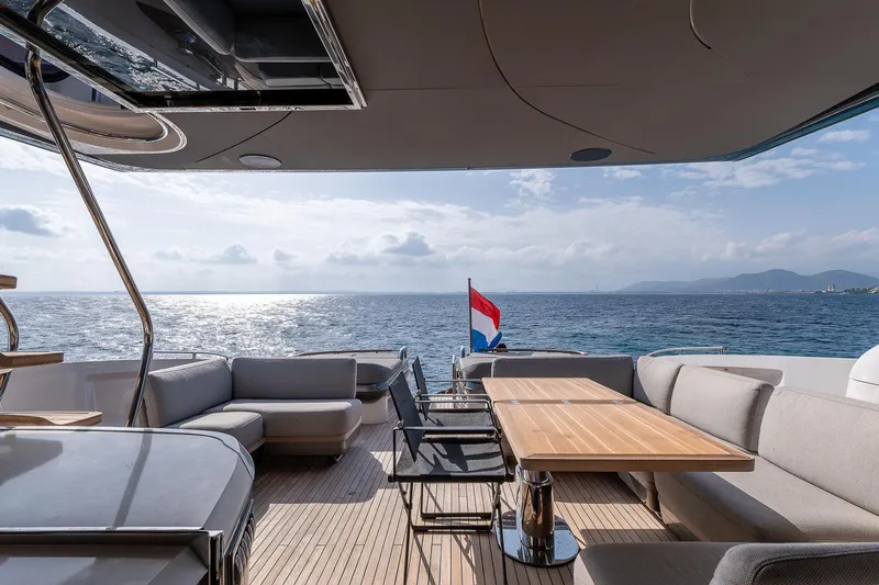 Yacht Photos Pics Luxurious 2019 Princess S78 yacht deck with seating, table, and ocean view.