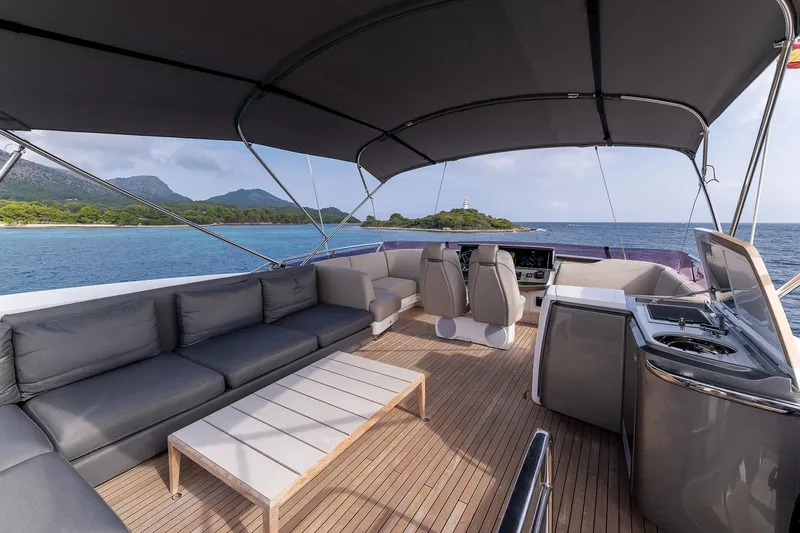  Yacht Photos Pics Luxurious 2019 Princess S78 yacht deck with seating, table, and ocean view.